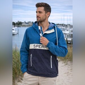 Sperry Men’s Blue & Navy Hooded Pullover Windbreaker with White Chest Band
